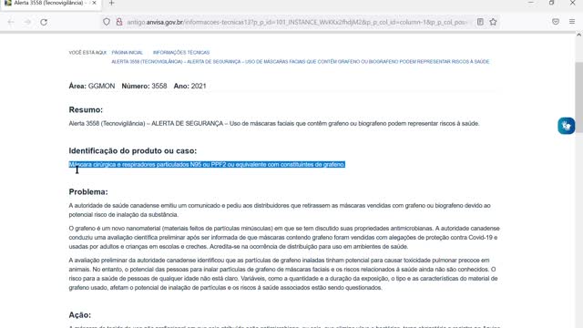 Anvisa - ALERTA DE SEGURANÇA sobre uso de máscaras faciais com grafeno.