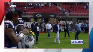 Kamala Harris has to pip in crowd noise for a coin toss.