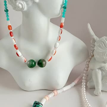 Turquoise and faceted Amazonite orange spiny oyster mop green Ghost phantom quartz necklace 02