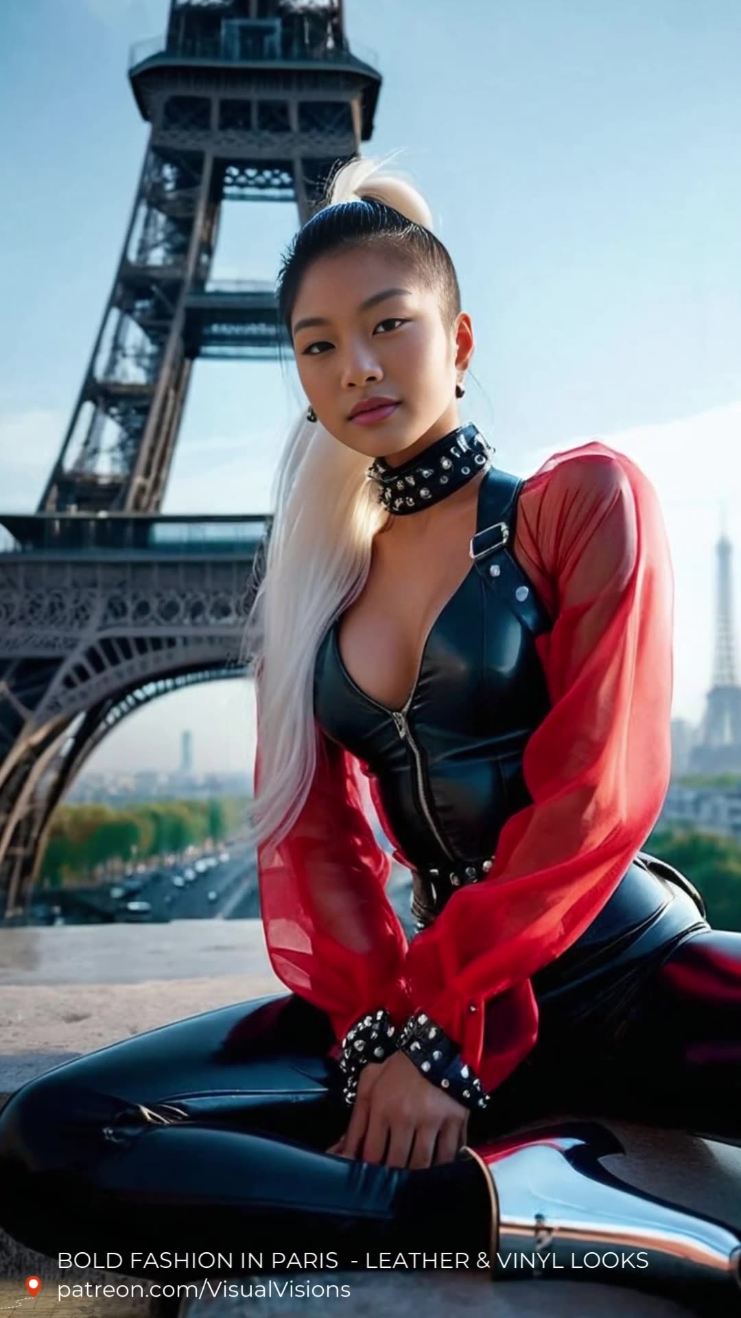 Bold Fashion in Paris with Eiffel Tower Backdrop Stunning Photoshoot with Edgy Leather & Vinyl Looks