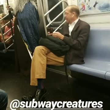 Man in wizard old man costume on train