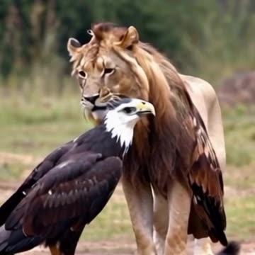 American eagle caresses a predatory African lion