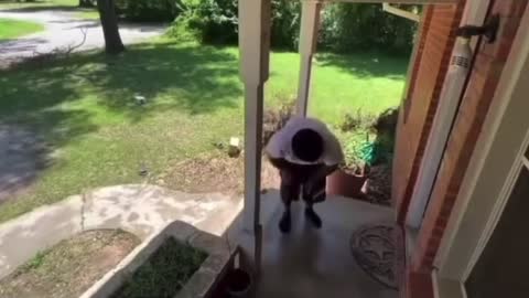 Dude trys to steal package off porch and gets hit with a surprise