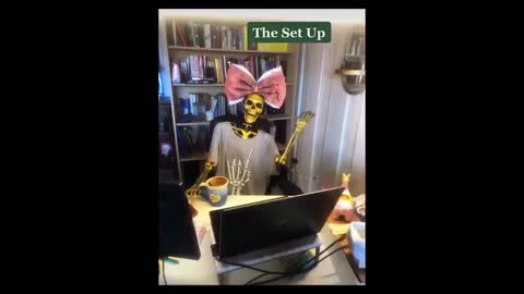 Woman plays Halloween prank on boss by having skeleton sit in her chair during video call