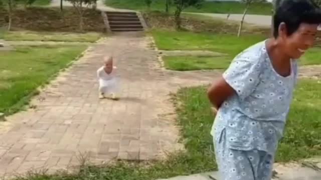 Funy children copy his grandfather