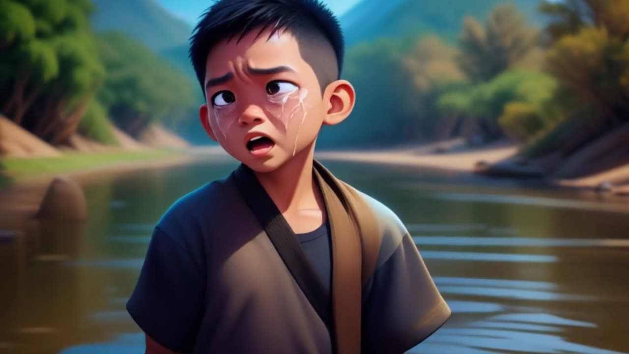 A Boy crying for his family in the middle of river