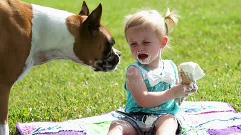 dog, little girl and ice cream cone