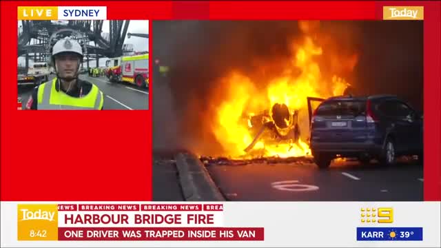 Car bursts into flames after head-on crash on Sydney Harbour Bridge | 9 News Australia