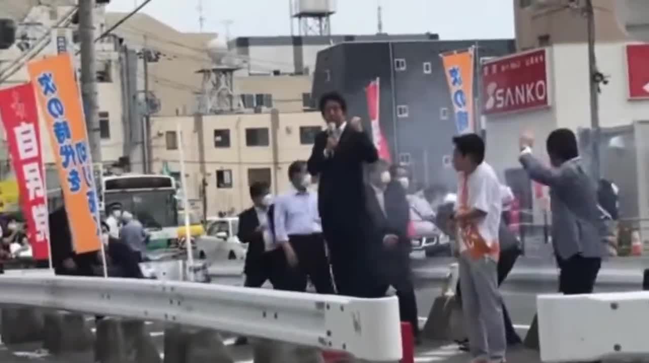 An angle showing former Japan PM Shinzo Abe being shot with an 'home made gun.'..