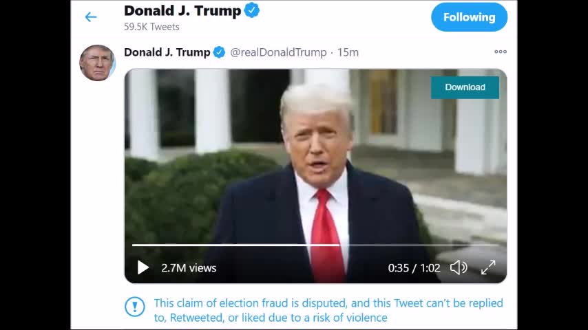 Trump Calls for Peace After the Inane Steal, Tweeter "prevents us" to Like him!!!