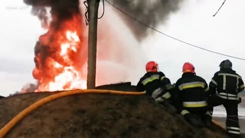 Ukrainian firefighters fight airport fire after missile attack