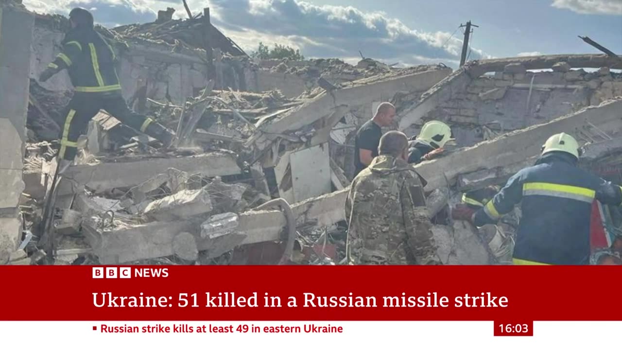 Russian strike on village kills at least 51 people in north-east Ukraine
