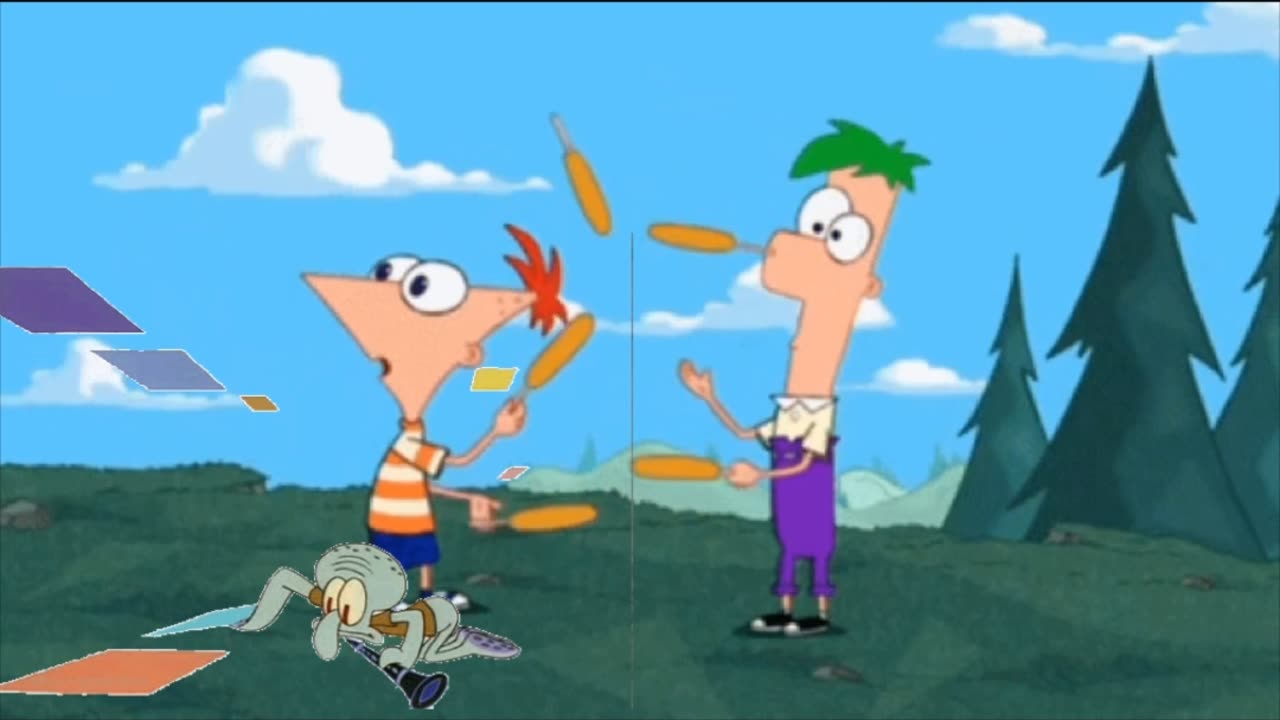 Squidward Is Playing With Tiles While Phineas and Ferb Juggle Corndogs