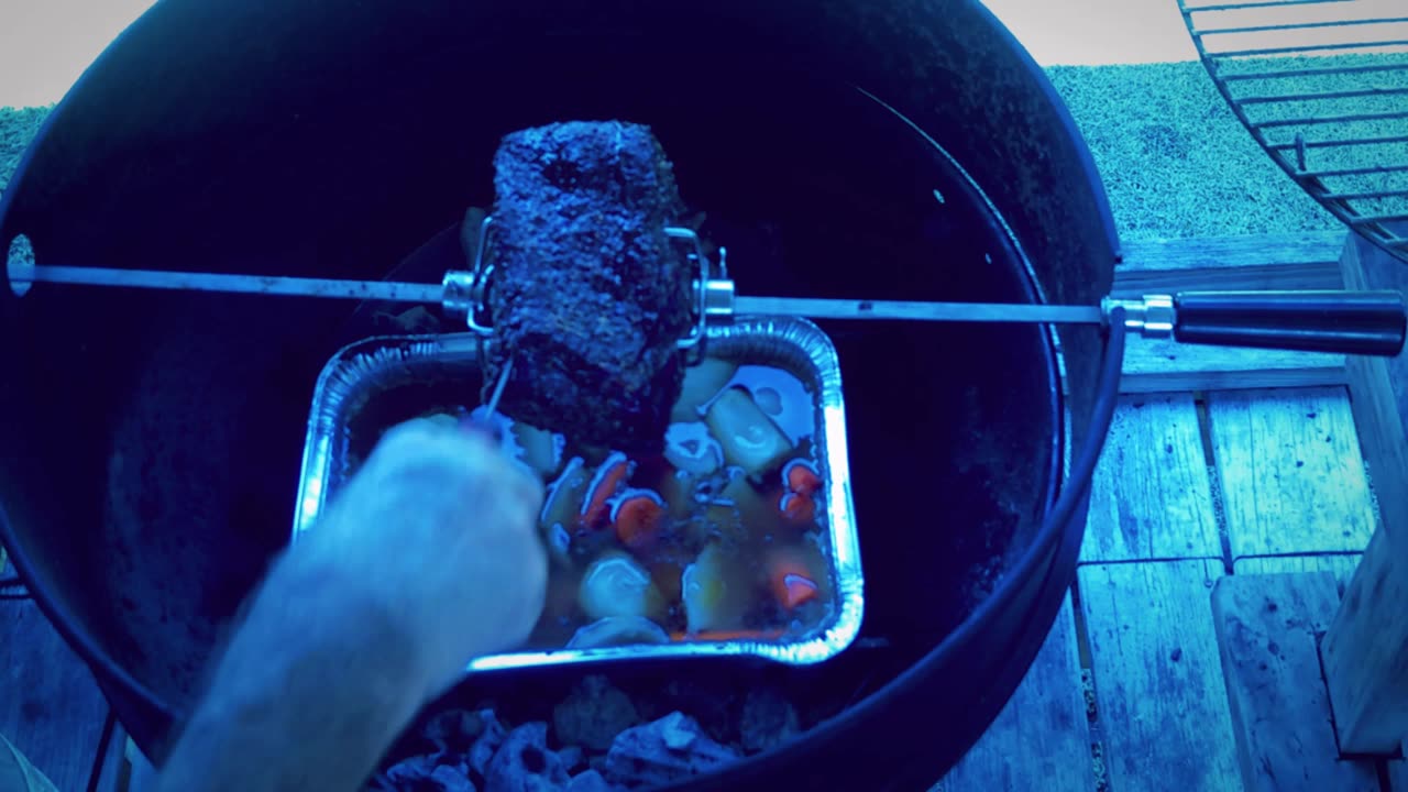 Rotisserie rump roast on the kettle grill