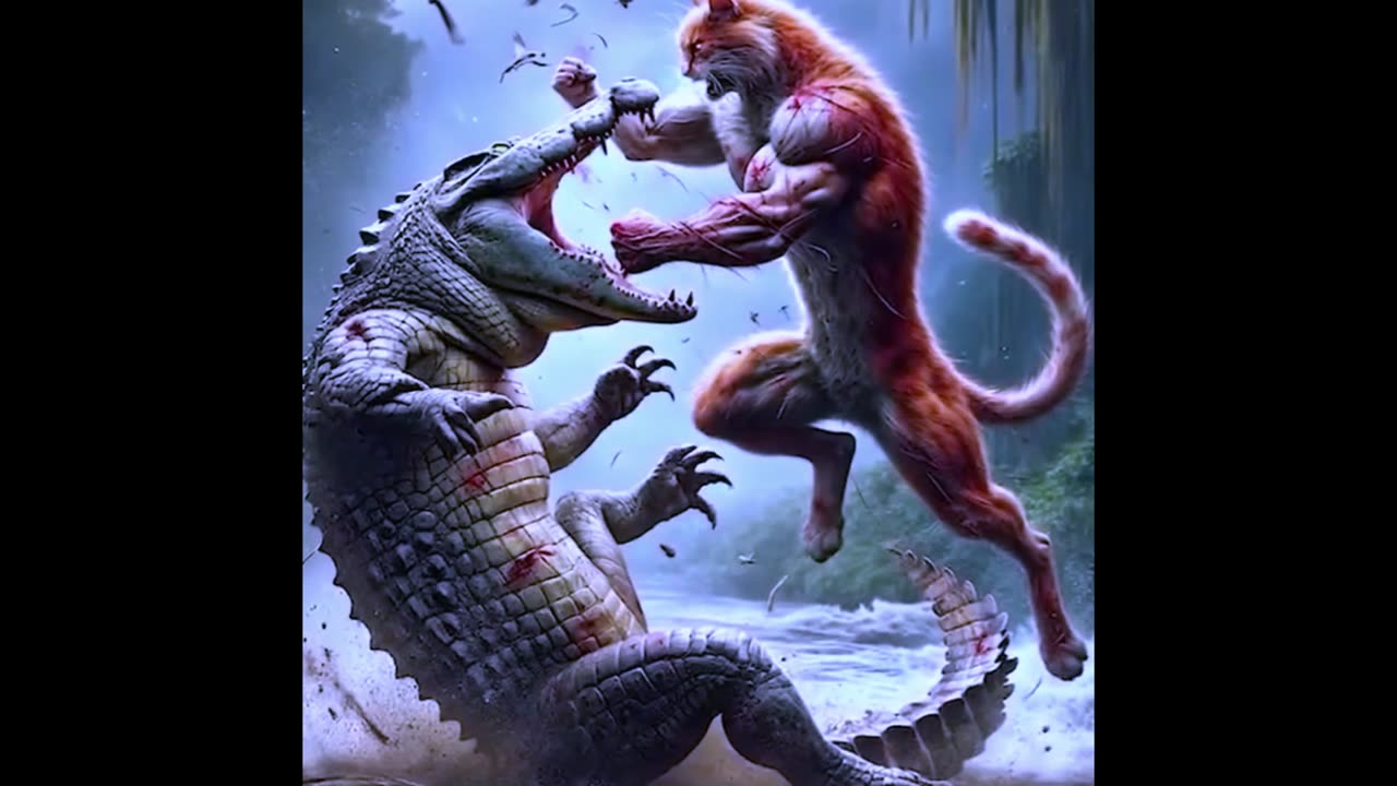 Watch the cat and crocodile fight