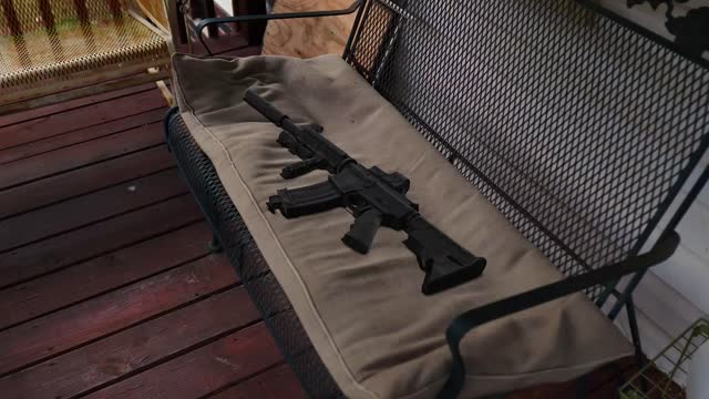 AR-15 3d model on a bench on our porch using element 3d