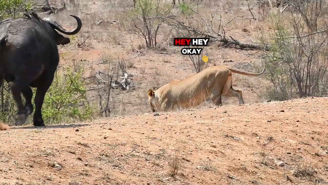 Lioness Growls at Stalking Cape Buffalo