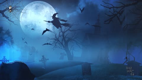 Graveyard at Midnight with Full Moon Skeleton and Witch 4K