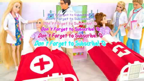 Dolls go to hospital. Pink Barbie baby.