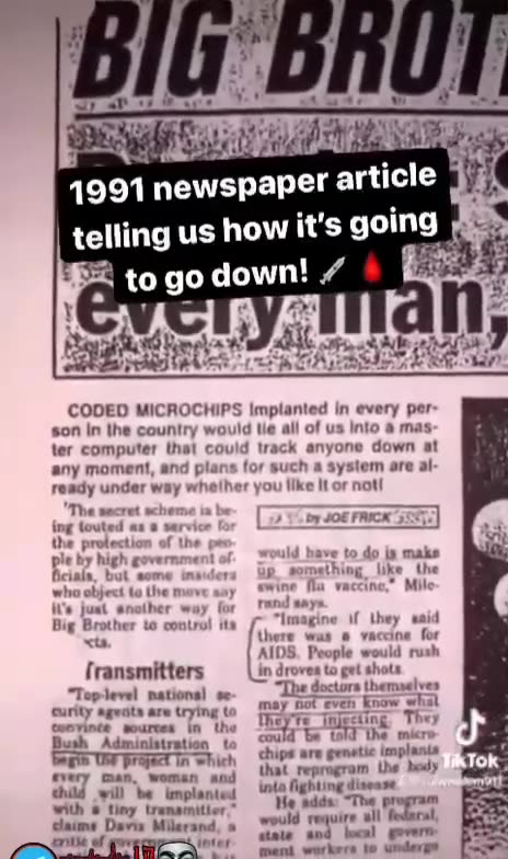 Newspaper from 1991 "Coded Microchips implamanted in in human bodies" !