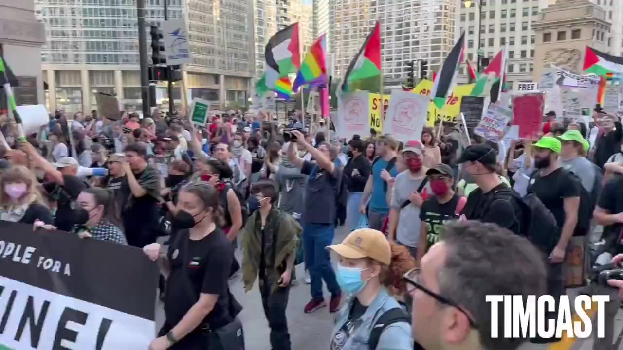 LGBTQI+ flags flown alongside Palestinian flags during a protest near the DNC