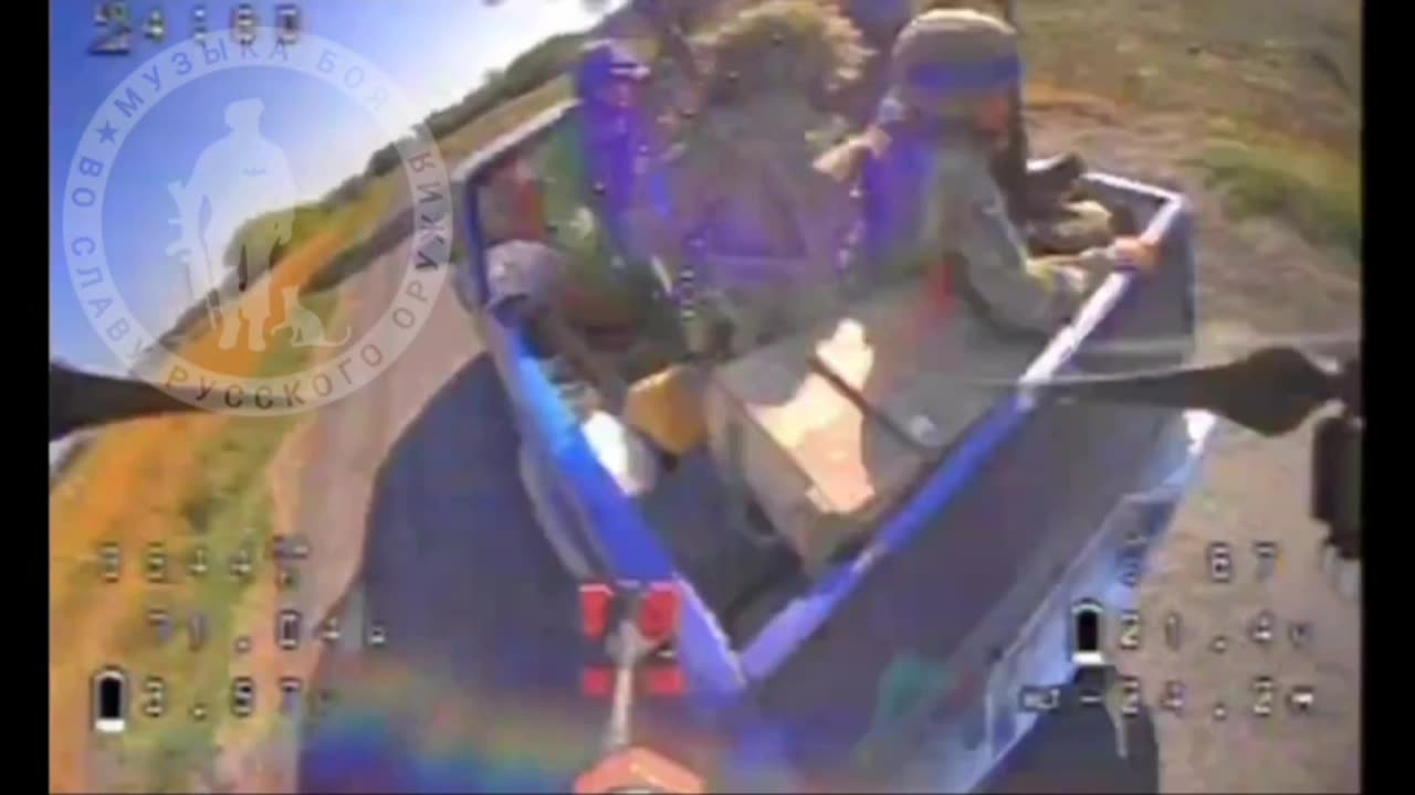 Russian FPV drone hits the back of a Ukrainian pickup truck full of Ukrainian soldiers. Kursk Region