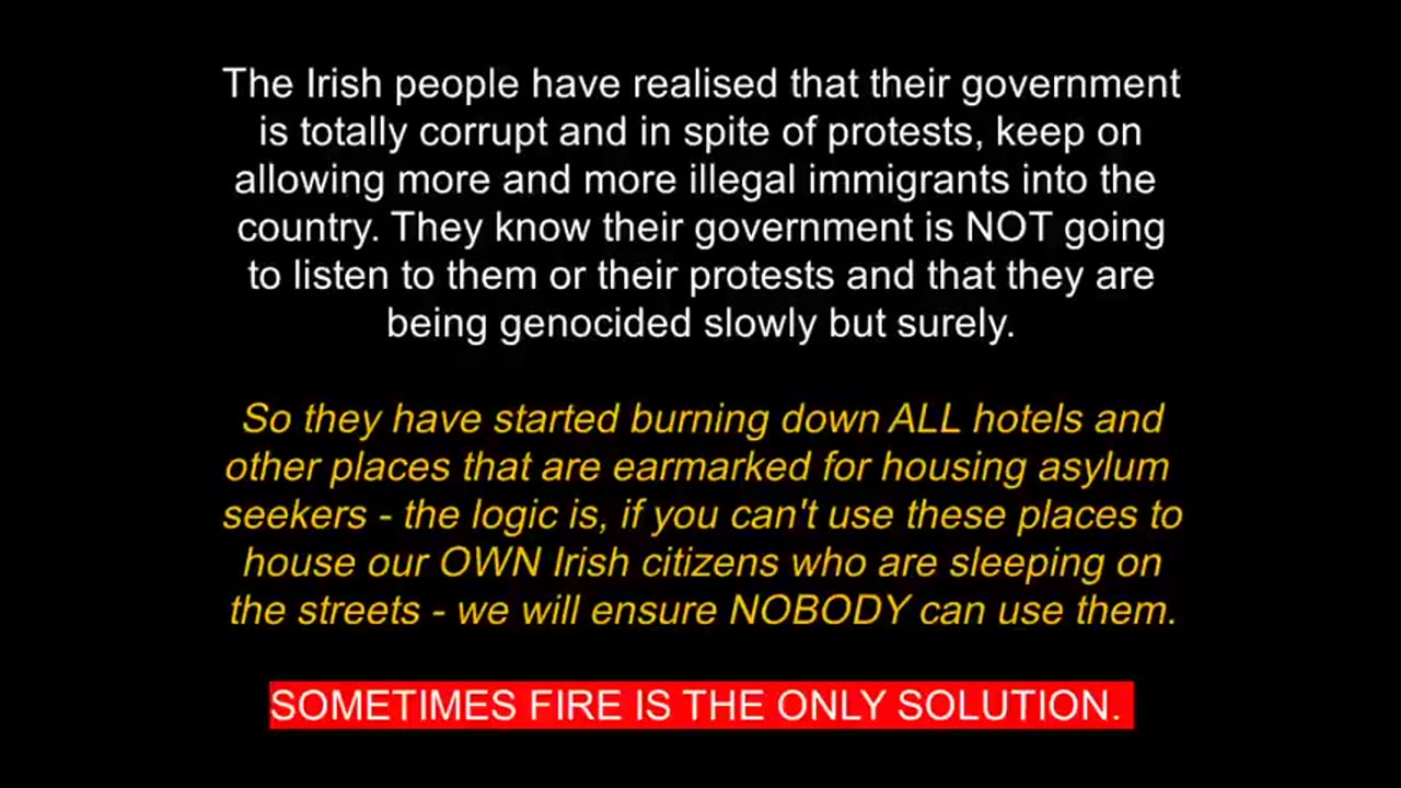 Irish people begin burning down migrant hotels