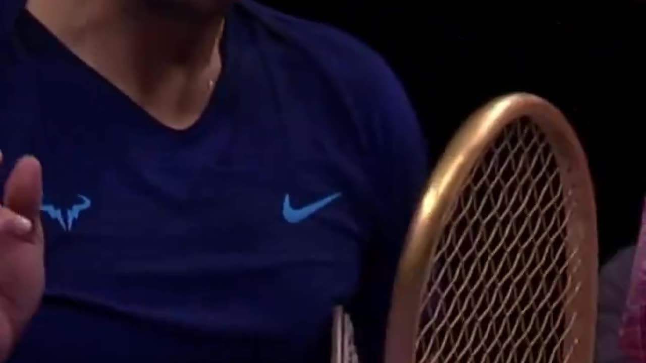 Golden racket gifted to Rafa Nadal at the Six Kings Slam, Riyadh, Saudi Arabia.