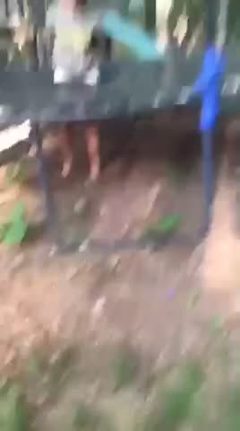 Teen Jumps From Swing Set To Trampoline And Rips Through It