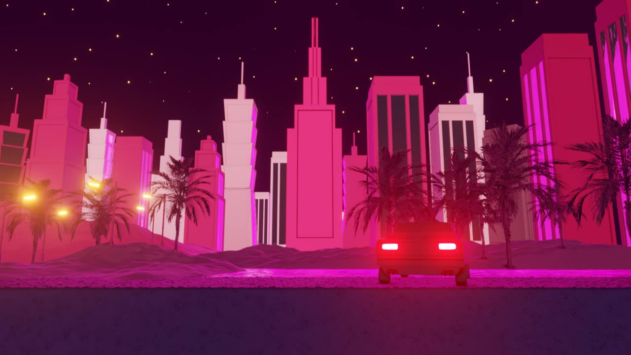 80s retro style neon night skyline with sunrise