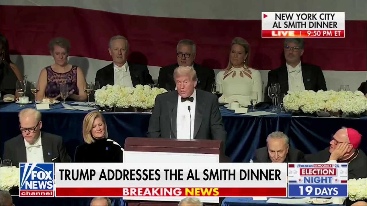 President Donald Trump roasts Kamala Harris at Al Smith Charity dinner. Says she can barely talk.