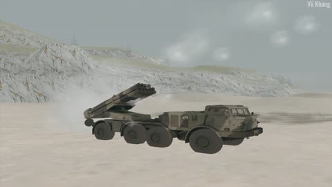 BM-27 Uragan multi-barreled gun fires artillery shells