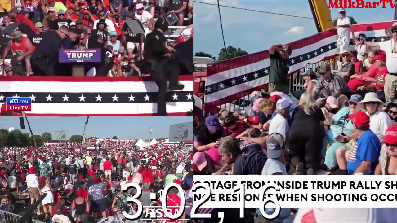 split screen timed breakdown of the attempted assassination of president trump
