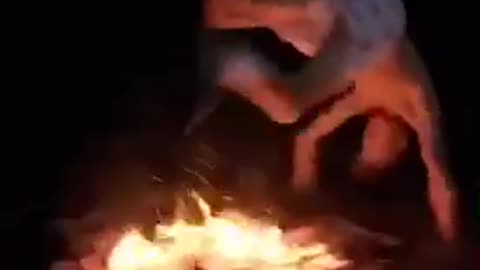 Four men jump over fire