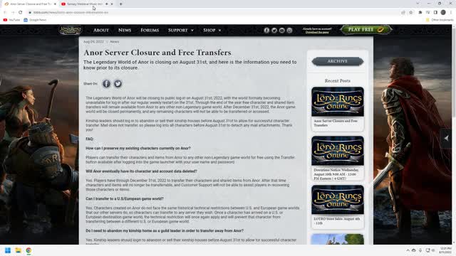 LOTRO - News update: Anor Server closing 8.31.22.