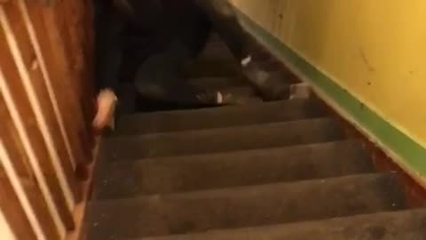 Girl black shirt falling down stairs slow mo