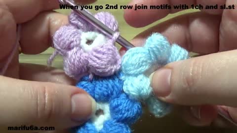 How to crochet easy puff flower blanket afghan for beginners by #marifu6a