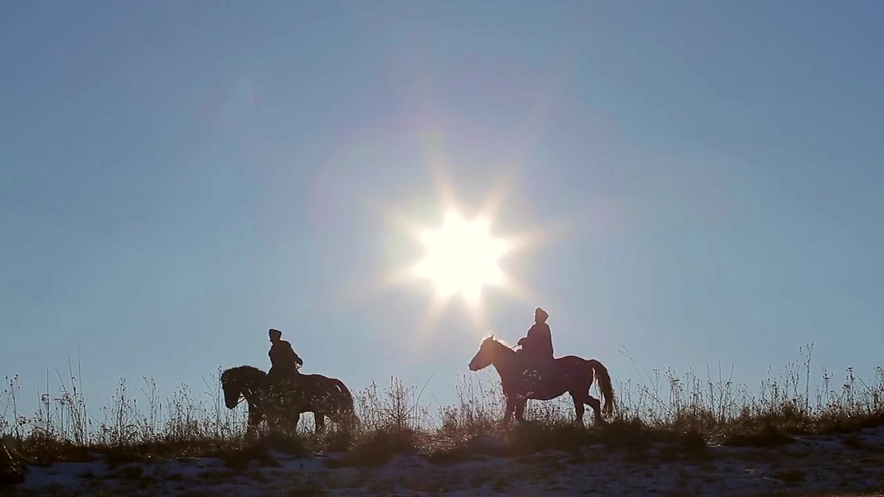 Two horses come down from the mountain top. Sun on the horizon