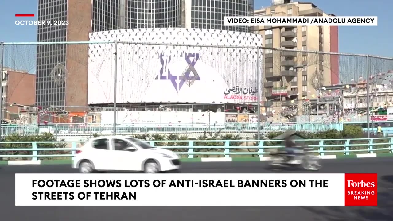 Footage Shows Tehran's Streets Lined With Anti Israel Banners As Hamas Israel Violence Intensifies