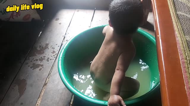 Babies love to sit naughty in the water