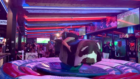 GIRL TAKE ON THE BULL! Benidorm Bull Ride. Mechanical Bull EPIC FAIL