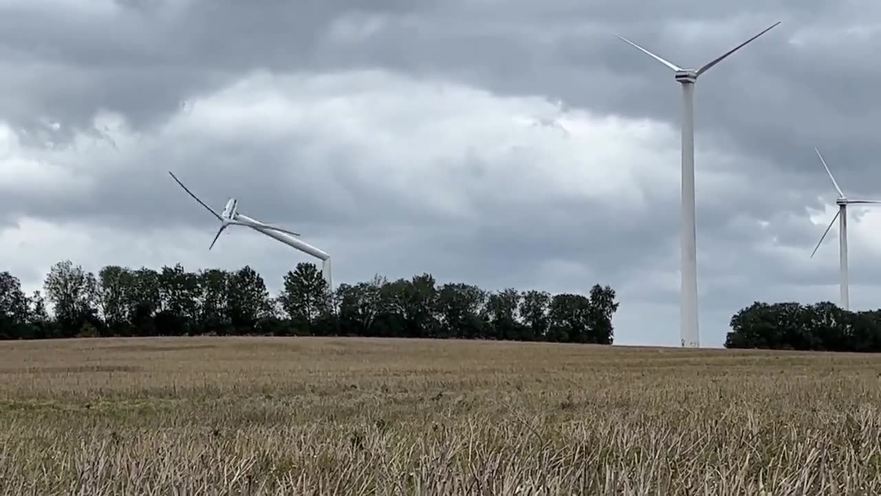 Wind turbine in Rostock, Germany blows over because it's too windy....