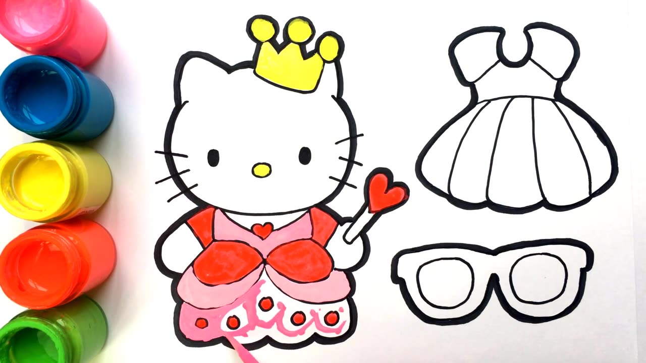 Drawing Tutorial with Acrylic Hello Kitty and Dress of Princess, Glasses