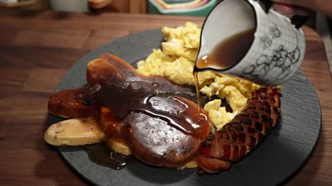 Breakfast for Dinner | Blueberry Pancakes with Scrambled Eggs, Sausage and Maple Syrup