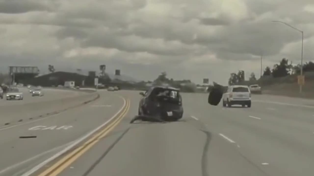 Popped off tire sends car flying into air on LA freeway