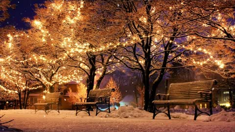 Trees Park Bench Lights Christmas Winter Snow