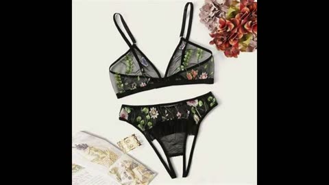 Sexy Sheer Mesh Floral Embroidery Spaghetti Staps Bra and Panty