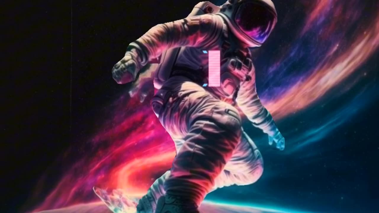 AI Generated Video of an Astronaut skysurfing in the colourful Galaxy on colourful layers