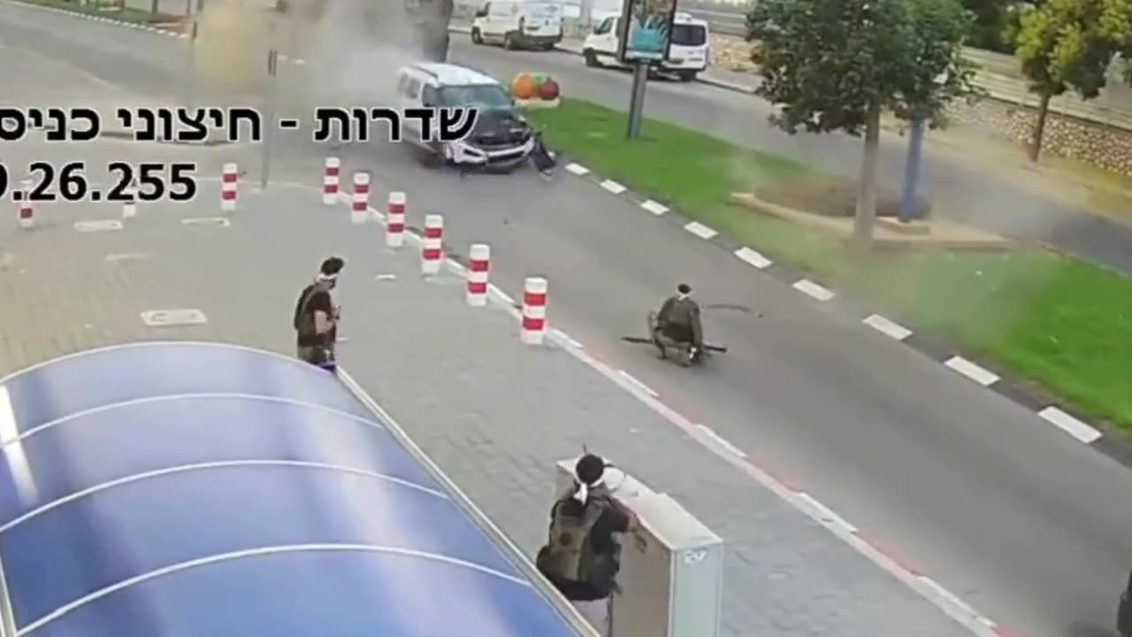 Here are #Hamas terrorists firing a rocket propelled grenade at an ambulance on October 7, 2023.