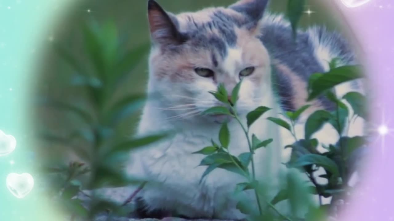 A cat is licking her hand in a wonderful way. A cat is sleeping in the weeds